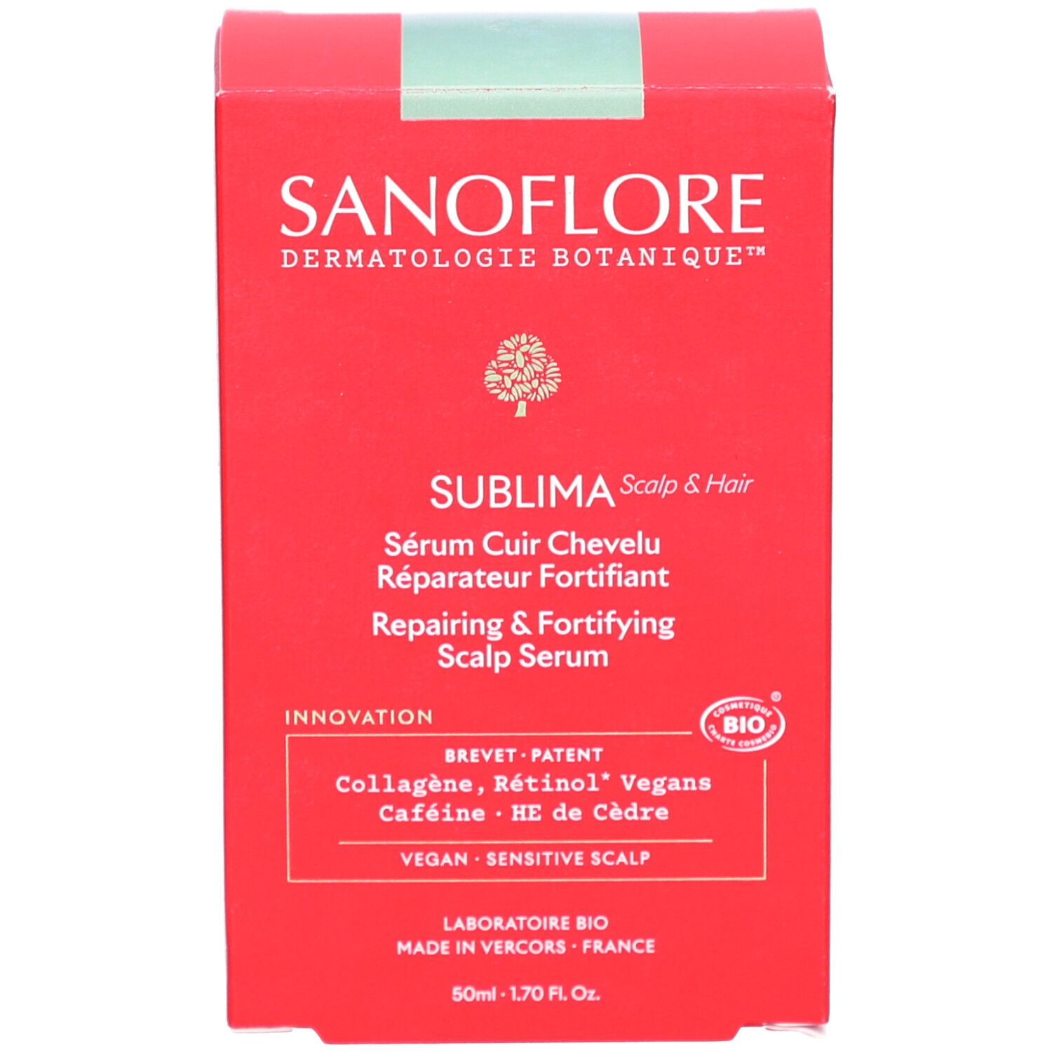 Emballage du produit. Boîte rouge avec inscription: SANOFLORE, SUBLIMA, Sérum Cuir Chevelu Réparateur Fortifiant, Repairing & Fortifying Scalp Serum.