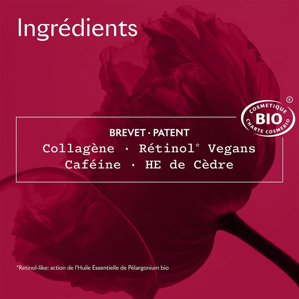 Texte sur fond rouge. Ingrédients: Collagène, Rétinol, Vegans, Caféine, HE de Cèdre. Certification Bio.