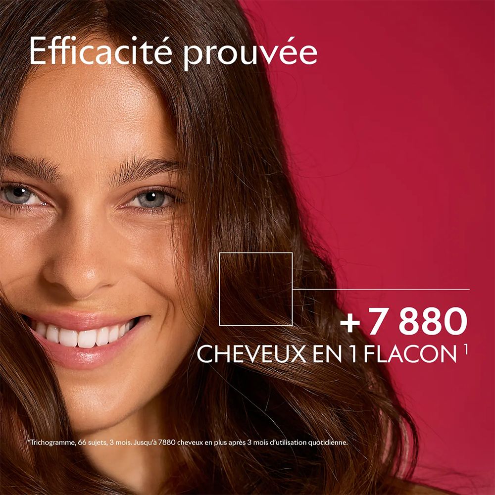 Femme aux cheveux bruns. Texte: +7 880 cheveux en 1 flacon. Efficacité prouvée.