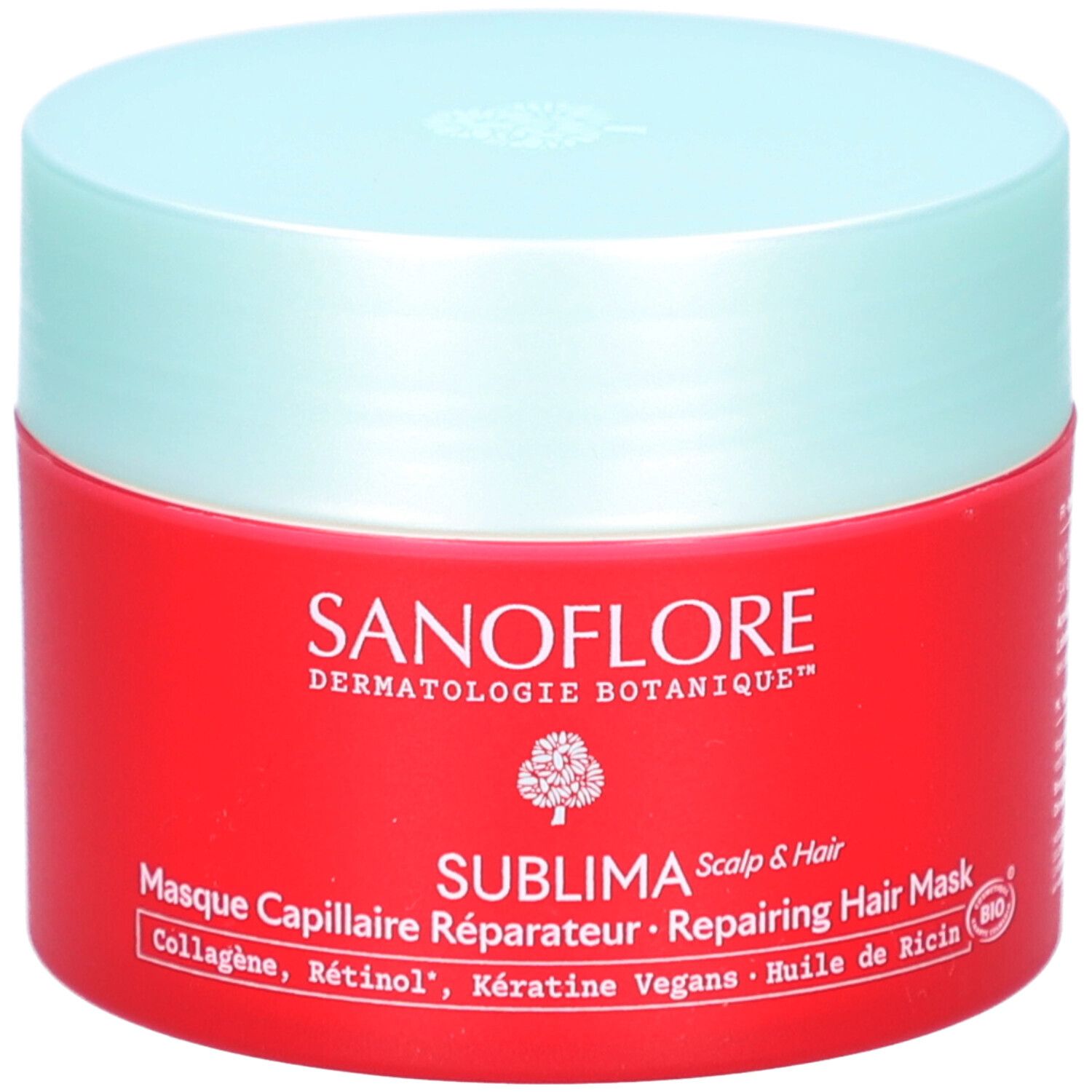 Pot rouge avec couvercle bleu clair. Inscription: SANOFLORE, SUBLIMA, Masque Capillaire Réparateur. Contient collagène, rétinol, kératine.