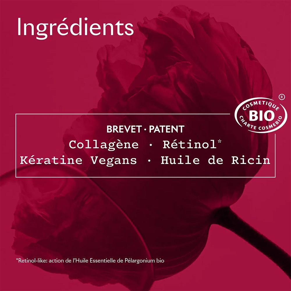 Gros plan avec texte. Ingrédients: collagène, rétinol, kératine, huile de ricin. Certification: BIO COSMETIQUE.
