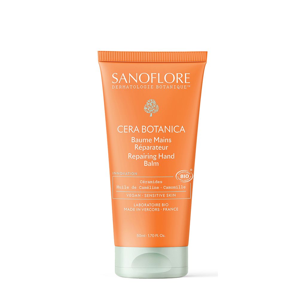 Tube orange avec bouchon vert. Inscription: SANOFLORE, Cera Botanica Baume Mains Réparateur. Label Bio.