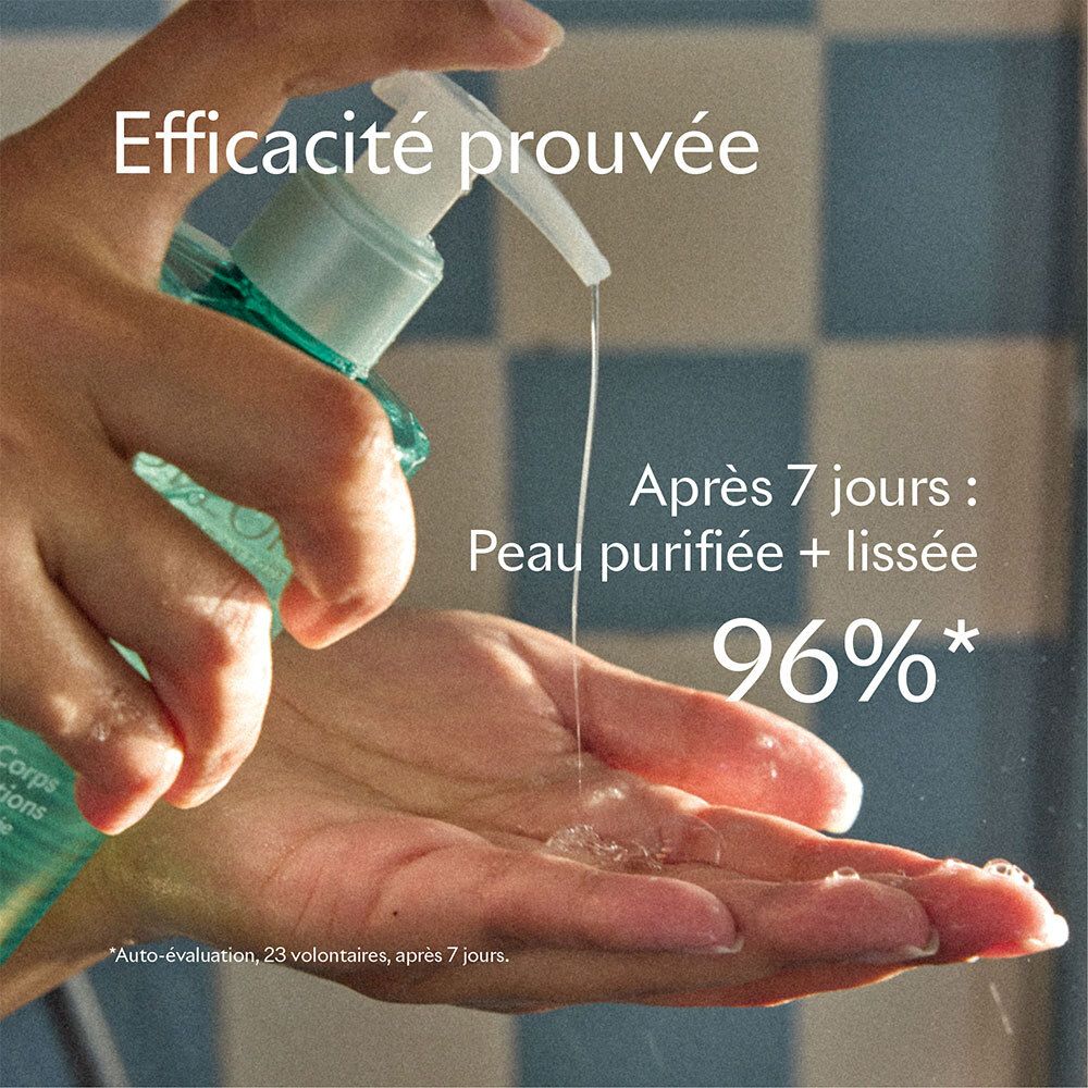 Main avec produit. Texte : Efficacité prouvée. Après 7 jours : peau purifiée + lissée. 96%. Auto-évaluation, 23 volontaires, après 7 jours.
