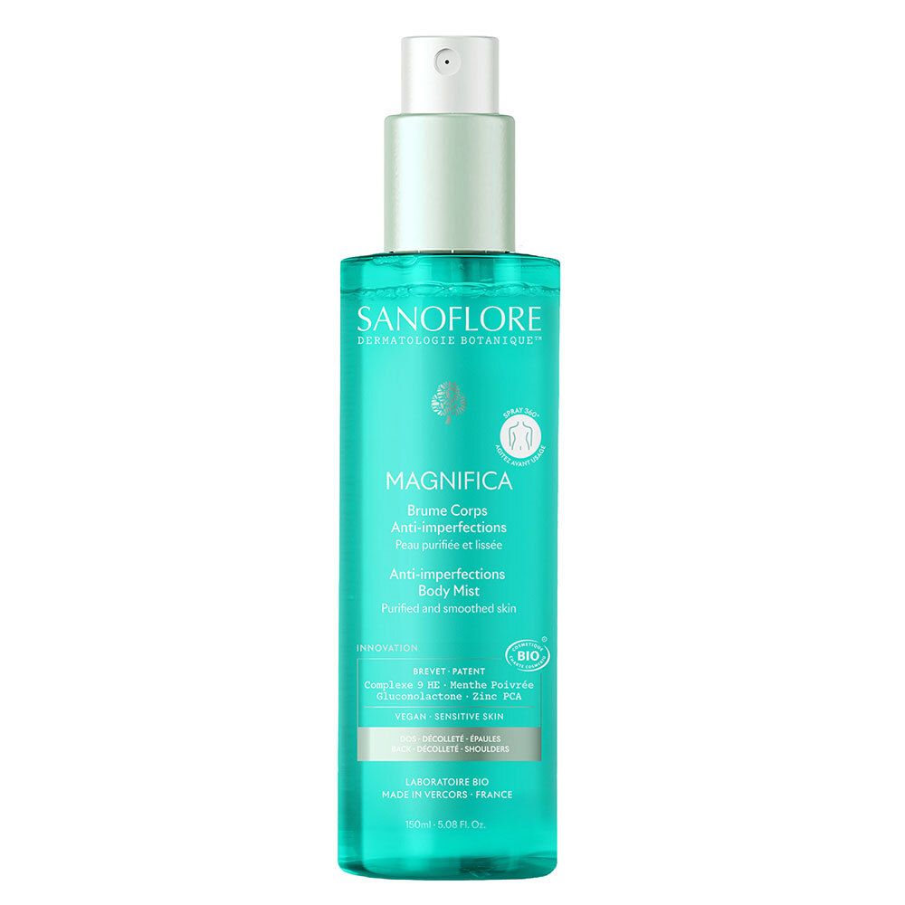 Flacon spray turquoise. Logo Sanoflore et nom du produit Magnifica. Brume Corps Anti-imperfections. Certification bio.