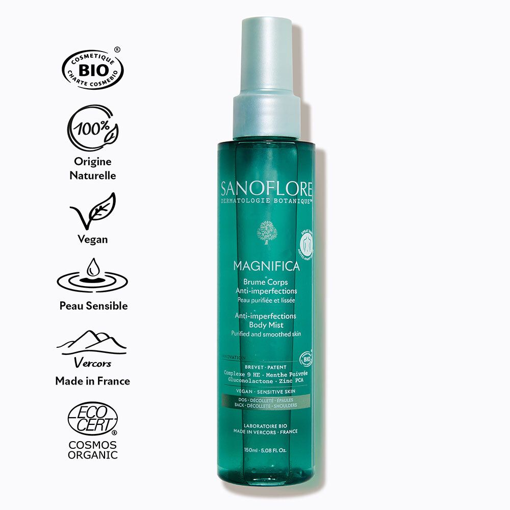 Flacon spray vert avec logos: Cosmetique Bio, 100% Origine Naturelle, Vegan, Peau Sensible, Eco Cert, Cosmos Organic.