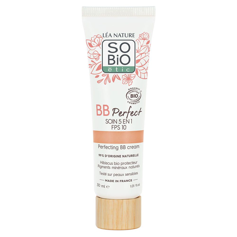 Tube de crème BB Perfectrice SO BIO étic. Bouchon bois. FPS 10, 5 en 1. Certification bio. 30 ml.