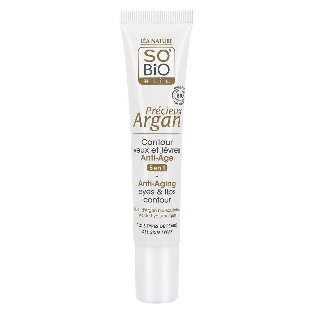 Tube blanc SO'BiO étic. Texte: Précieux Argan, Contour yeux et lèvres Anti-Âge 5 en 1. Ingrédients: Huile d'Argan bio, acide hyaluronique.