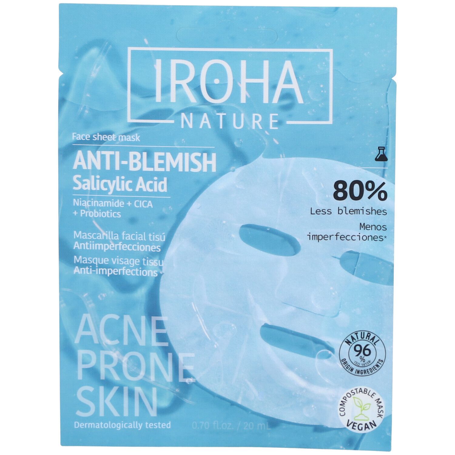 Masque facial en sachet bleu. Texte: Anti-imperfections, acide salicylique, niacinamide, CICA et probiotiques. Pour peaux à problèmes.