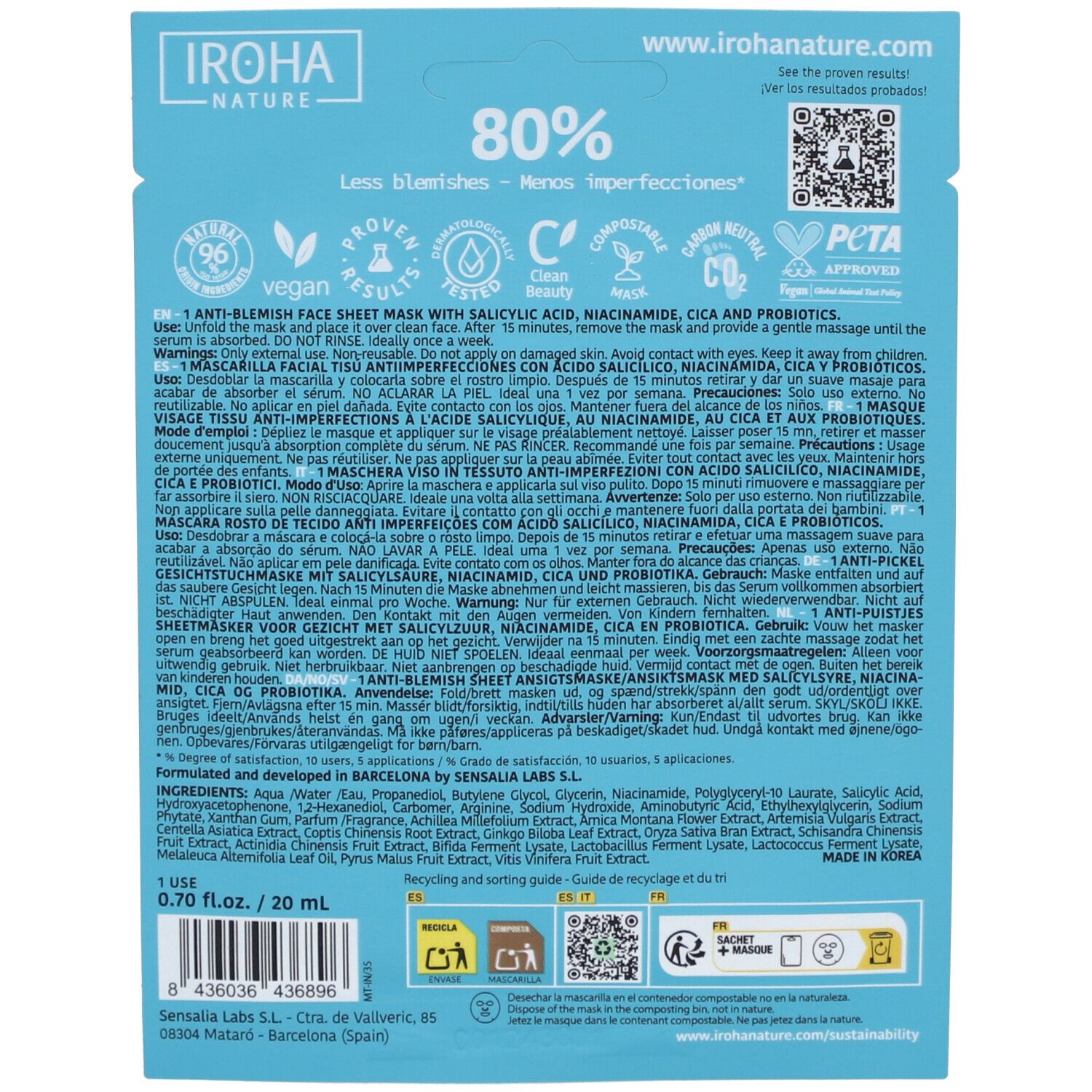 IROHA Masque Facial en Tissu Anti-Imperfections