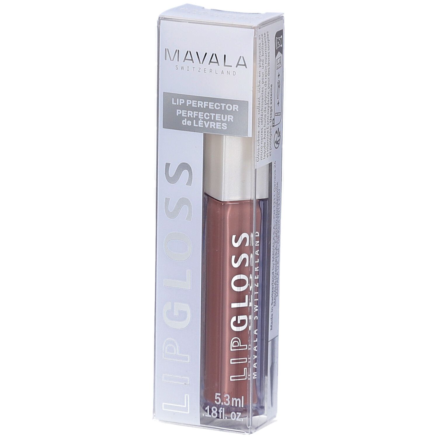 Gloss à lèvres dans son emballage. Marque Mavala, inscription Lipgloss. Teinte Nougat. Volume 5,3 ml.