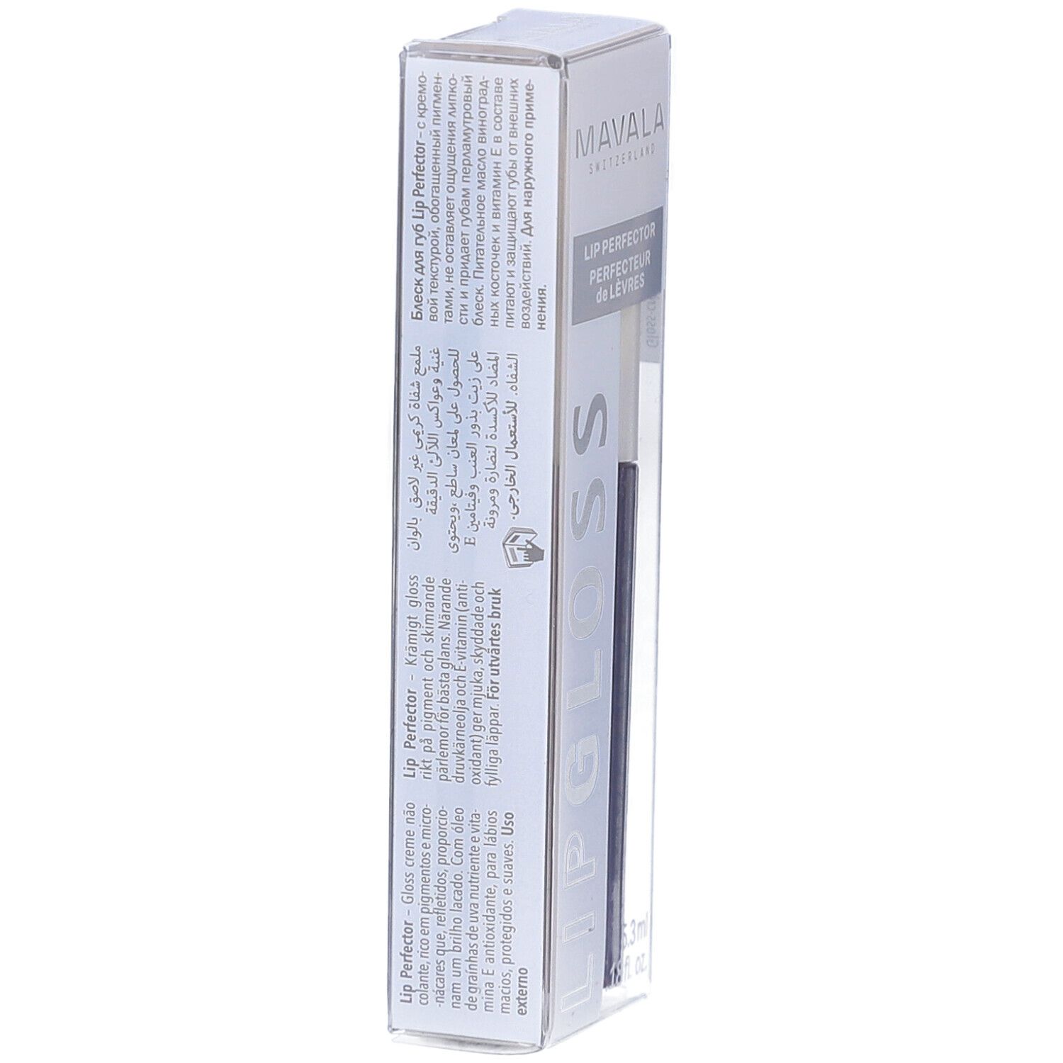 Emballage du gloss à lèvres. Texte en plusieurs langues. Marque Mavala. Nom du produit Lip Perfector.