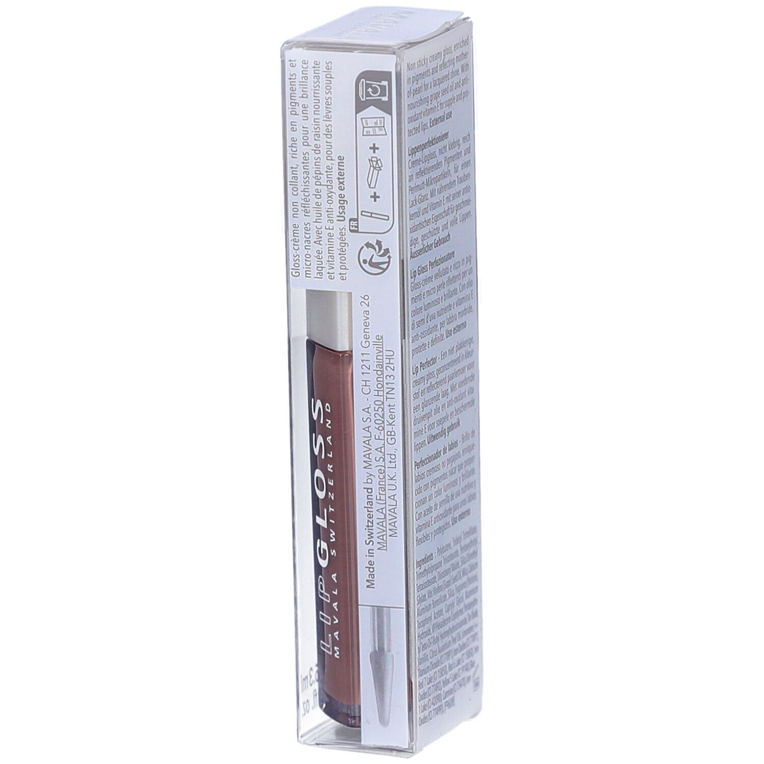 Emballage du gloss à lèvres. Marque Mavala. Nom du produit Lipgloss. Texte en plusieurs langues.