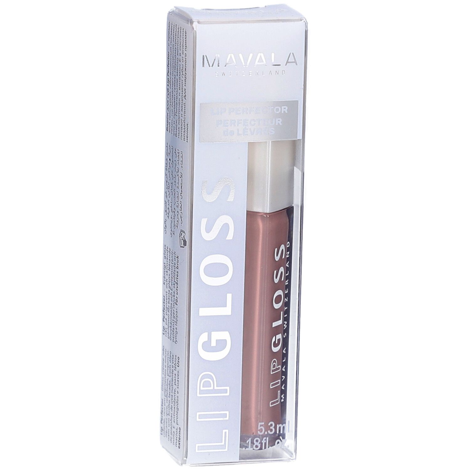 Gloss à lèvres dans son emballage. Marque Mavala, inscription Lipgloss. Teinte Nougat. Volume 5,3 ml.