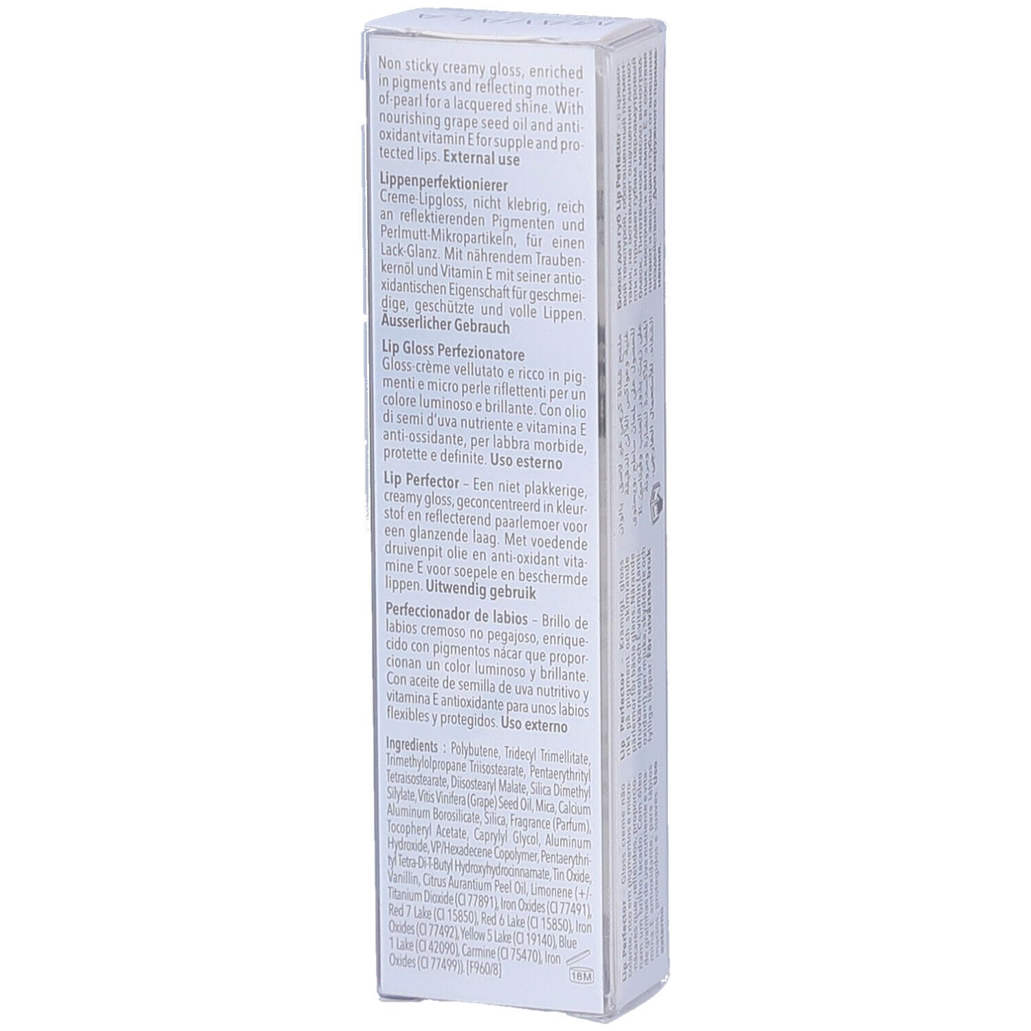 Dos de l'emballage du gloss à lèvres Mavala. Texte multilingue. Ingrédients et instructions d'utilisation.