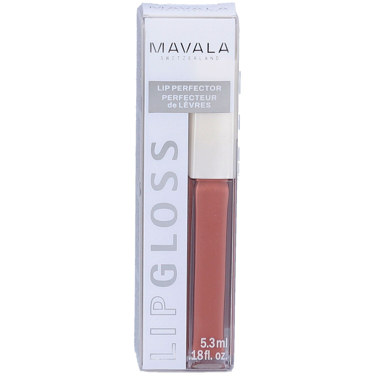Gloss à lèvres Mavala, couleur Caramel, dans son emballage. Flacon transparent avec couvercle blanc. 5,3 ml.