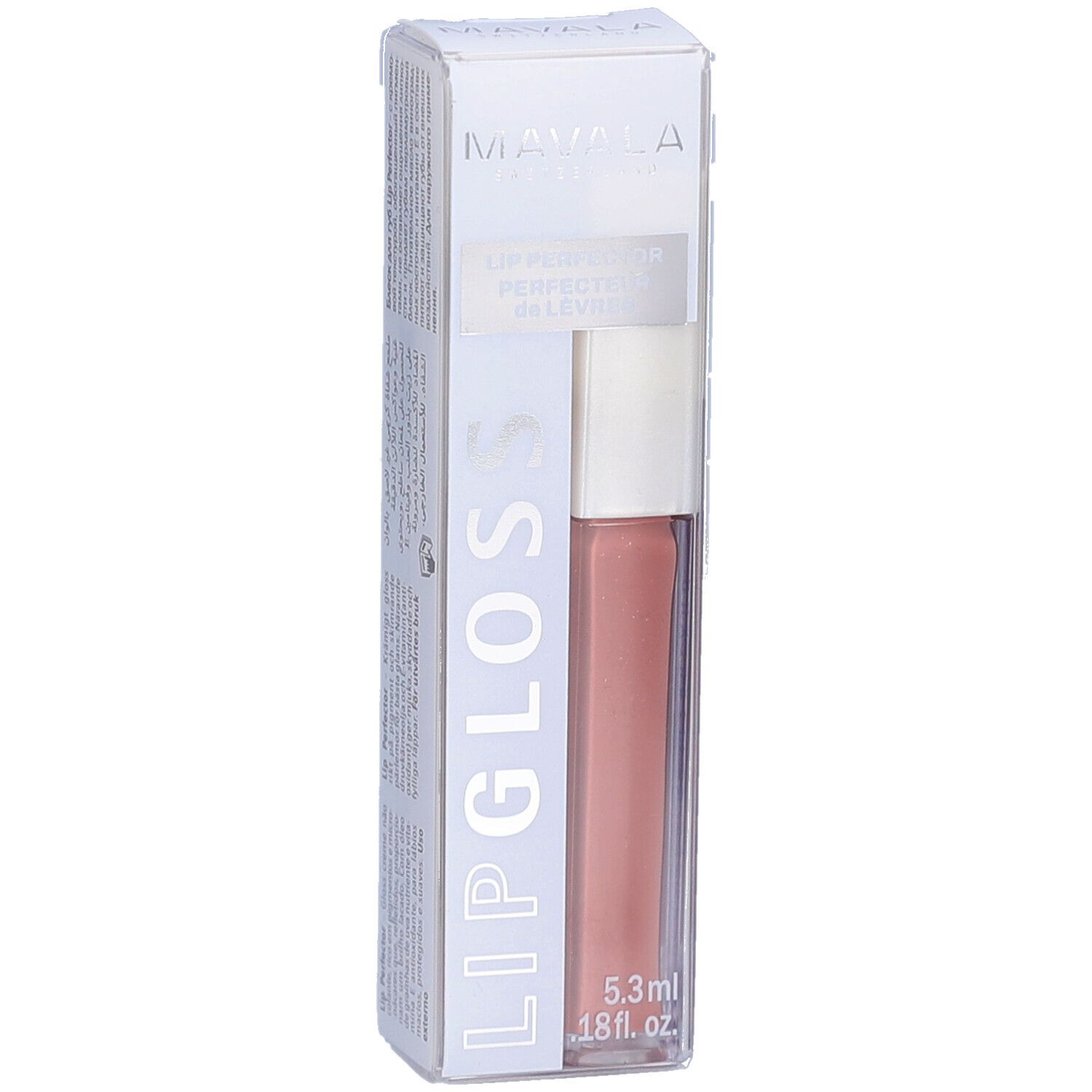 Gloss à lèvres Mavala, couleur Caramel, dans son emballage. Flacon transparent avec couvercle blanc. 5,3 ml.