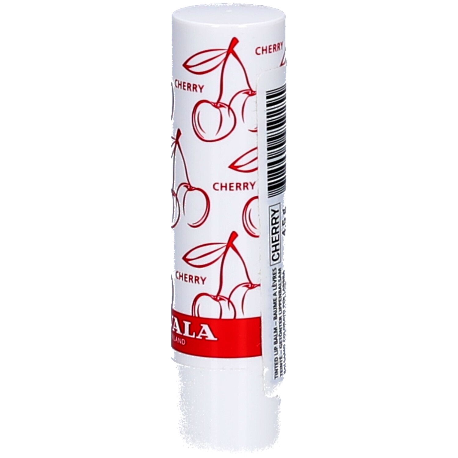 Stick de baume à lèvres blanc avec motif cerises et texte rouge. Code-barres et informations.