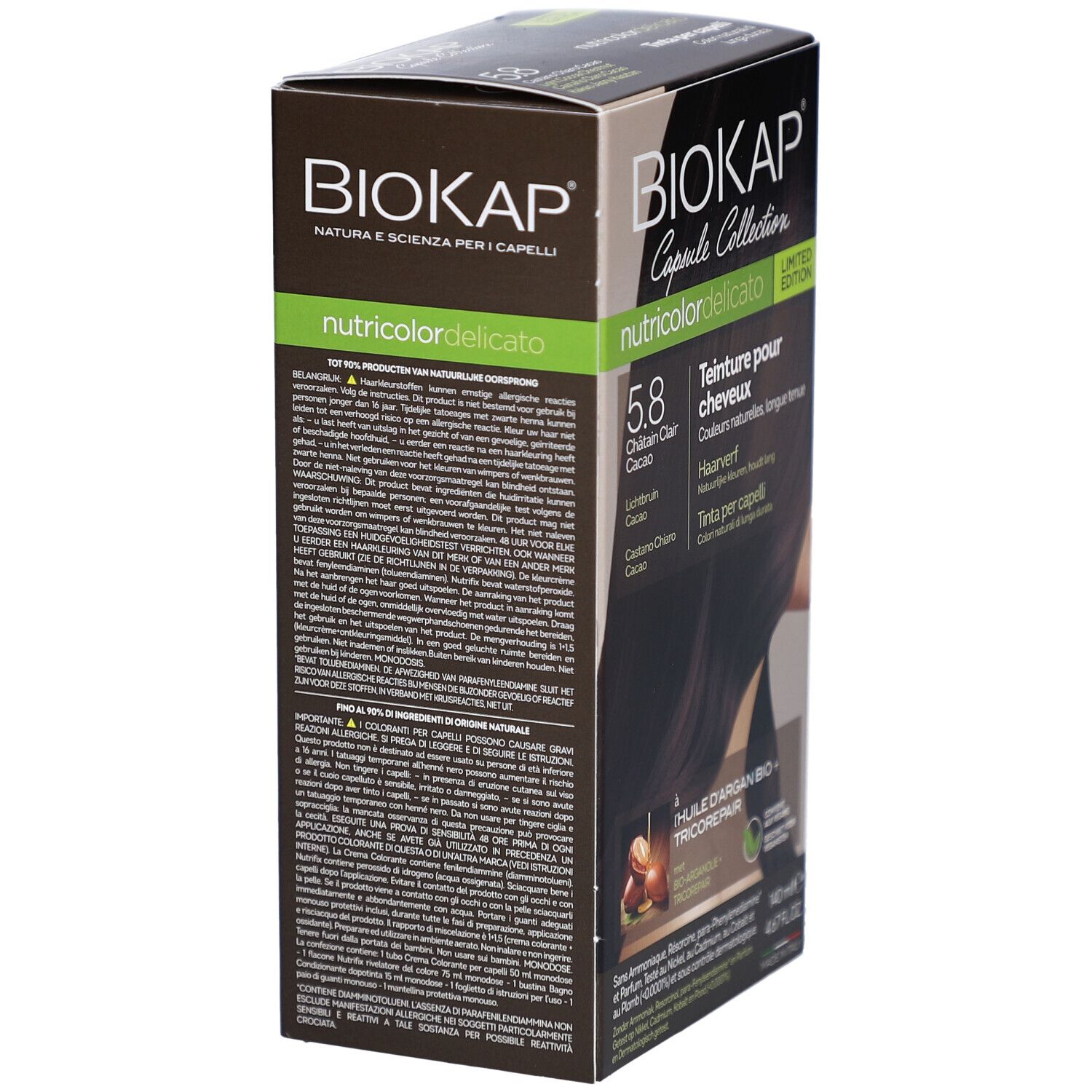 Dos de la boîte de teinture capillaire BIOKAP Nutricolordelicato 5.8 Cacao. Informations textuelles en plusieurs langues.