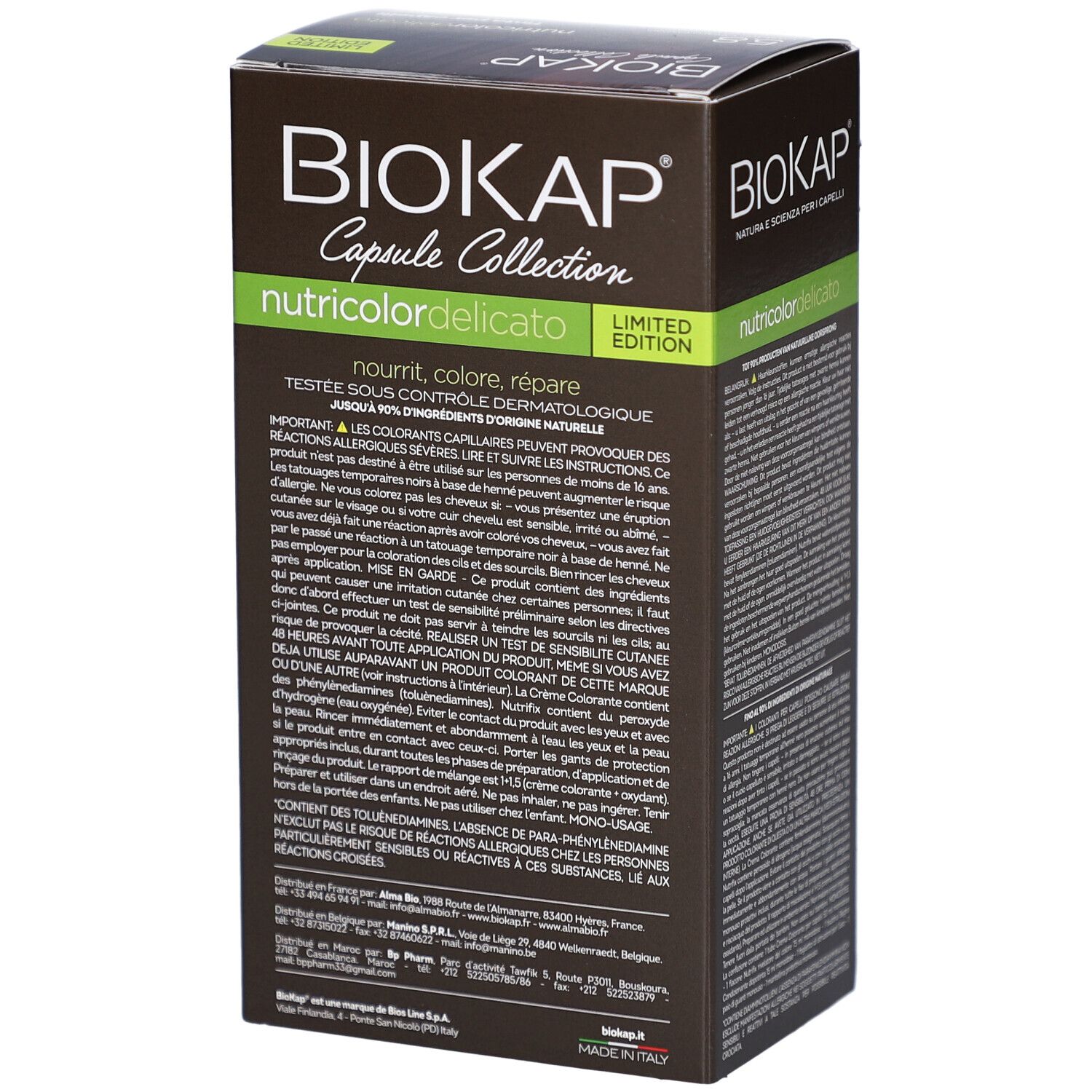 Côté de la boîte de teinture capillaire BIOKAP Nutricolordelicato 5.8 Cacao. Informations textuelles et logos.