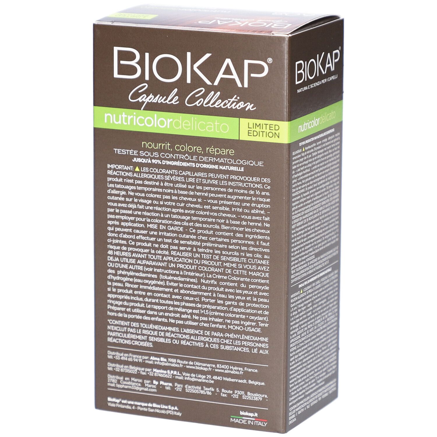 Boîte de teinture capillaire BIOKAP. Texte sur le côté. Contient des informations sur les ingrédients et l'utilisation.