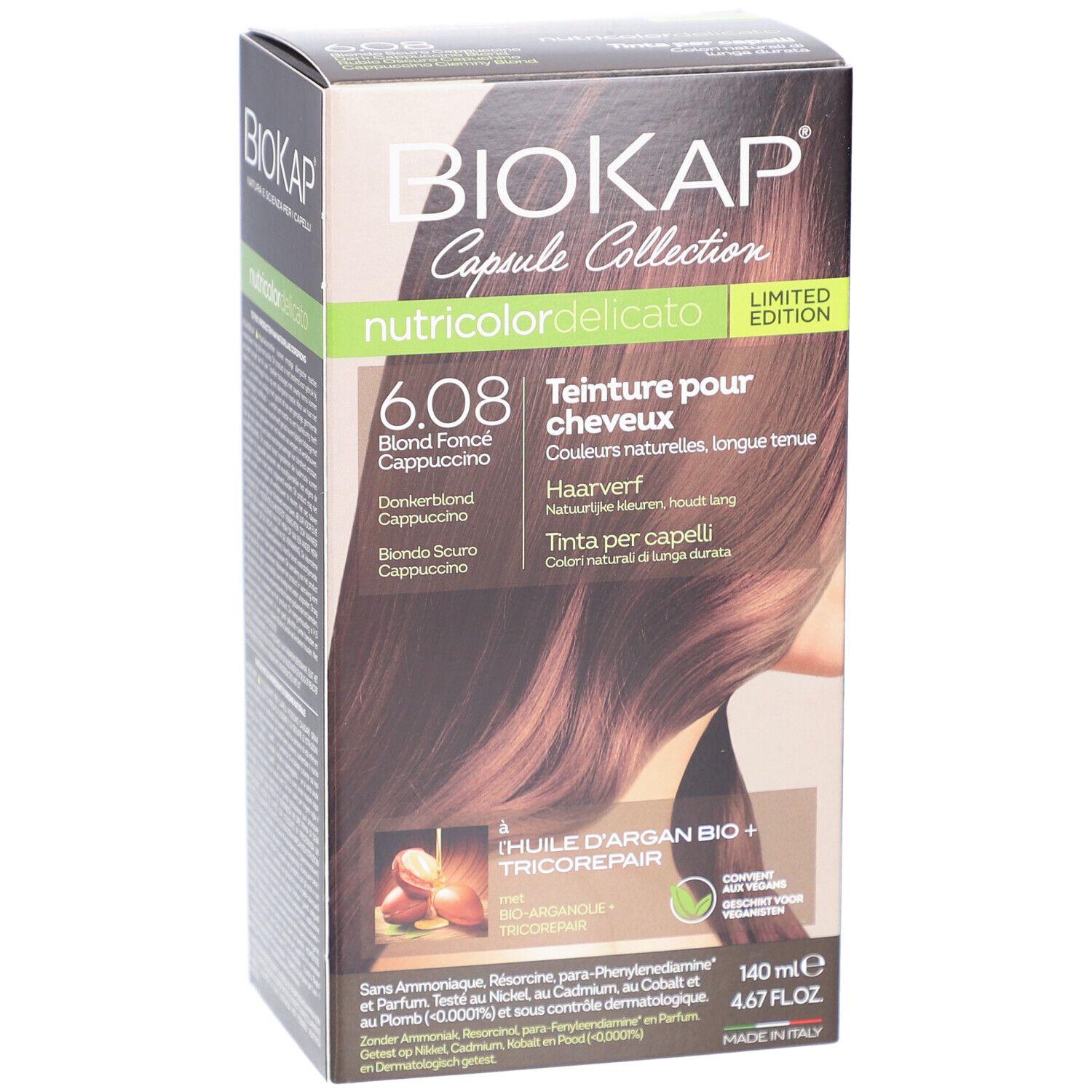 Boîte de teinture capillaire BIOKAP. Inscription : 6.08 Blond Fonce Cappuccino. Image d'une femme aux cheveux bruns. Ingrédients.