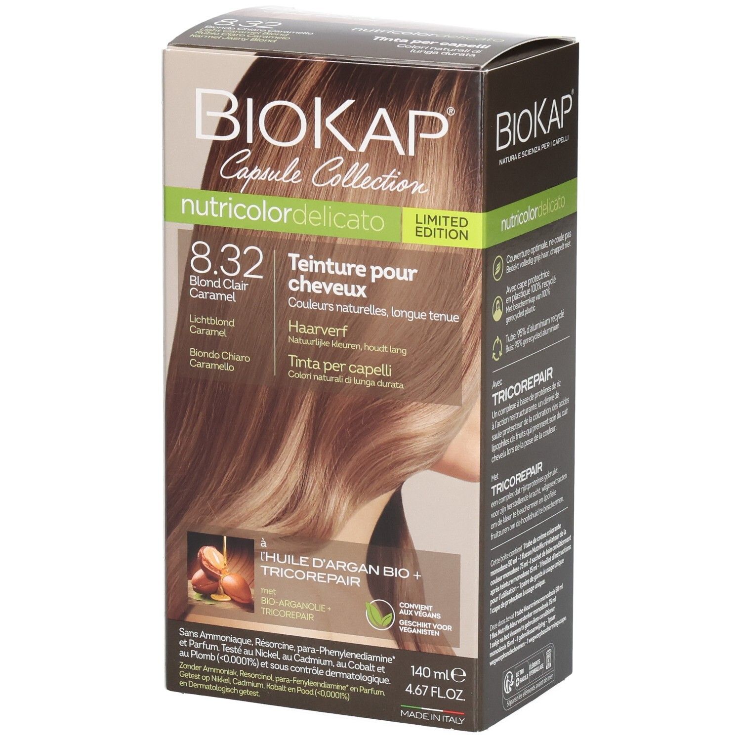 Biokap Nutricolor Delicato Teinture 8.32 Blond Clair Caramel. Boîte en carton avec image du produit.