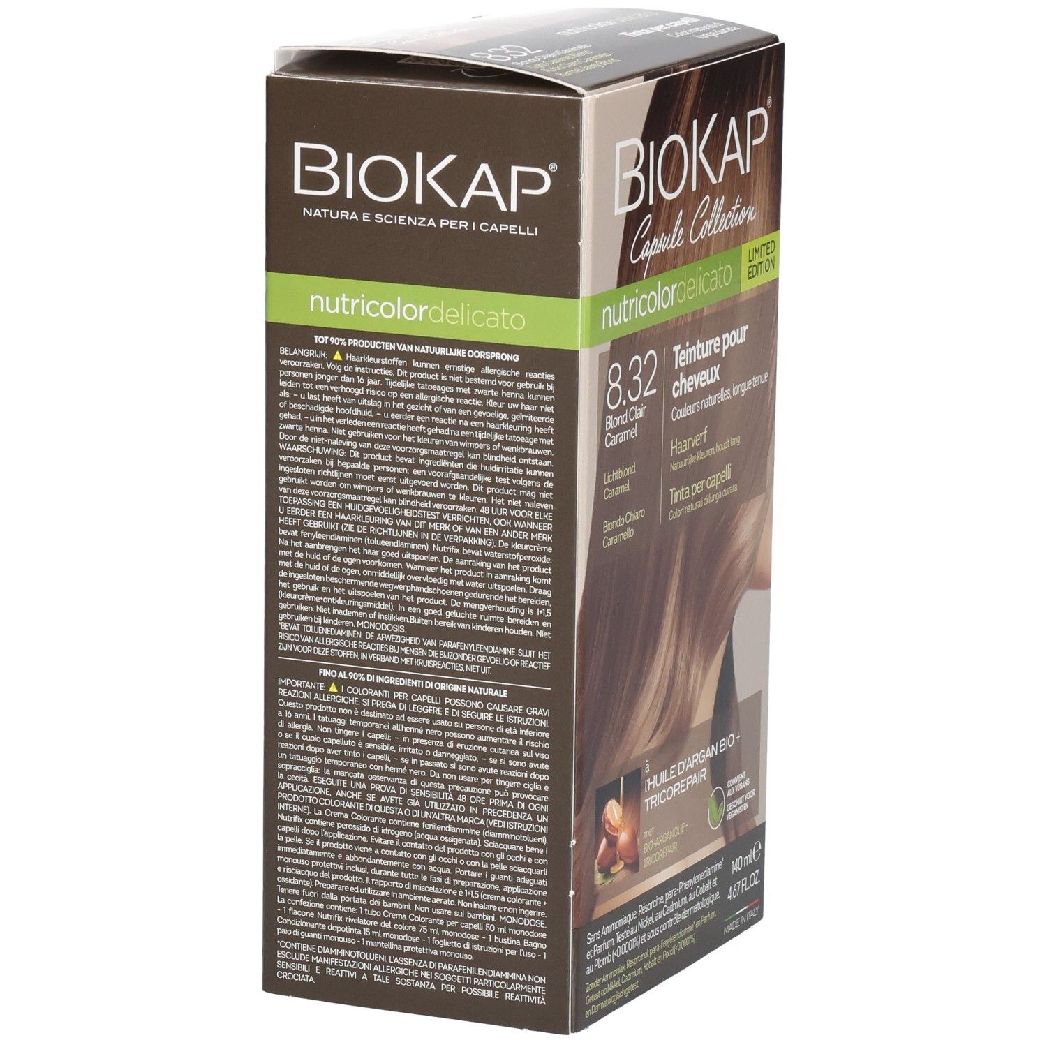 Biokap Nutricolor Delicato Teinture 8.32 Blond Clair Caramel. Vue latérale de la boîte avec informations produit.