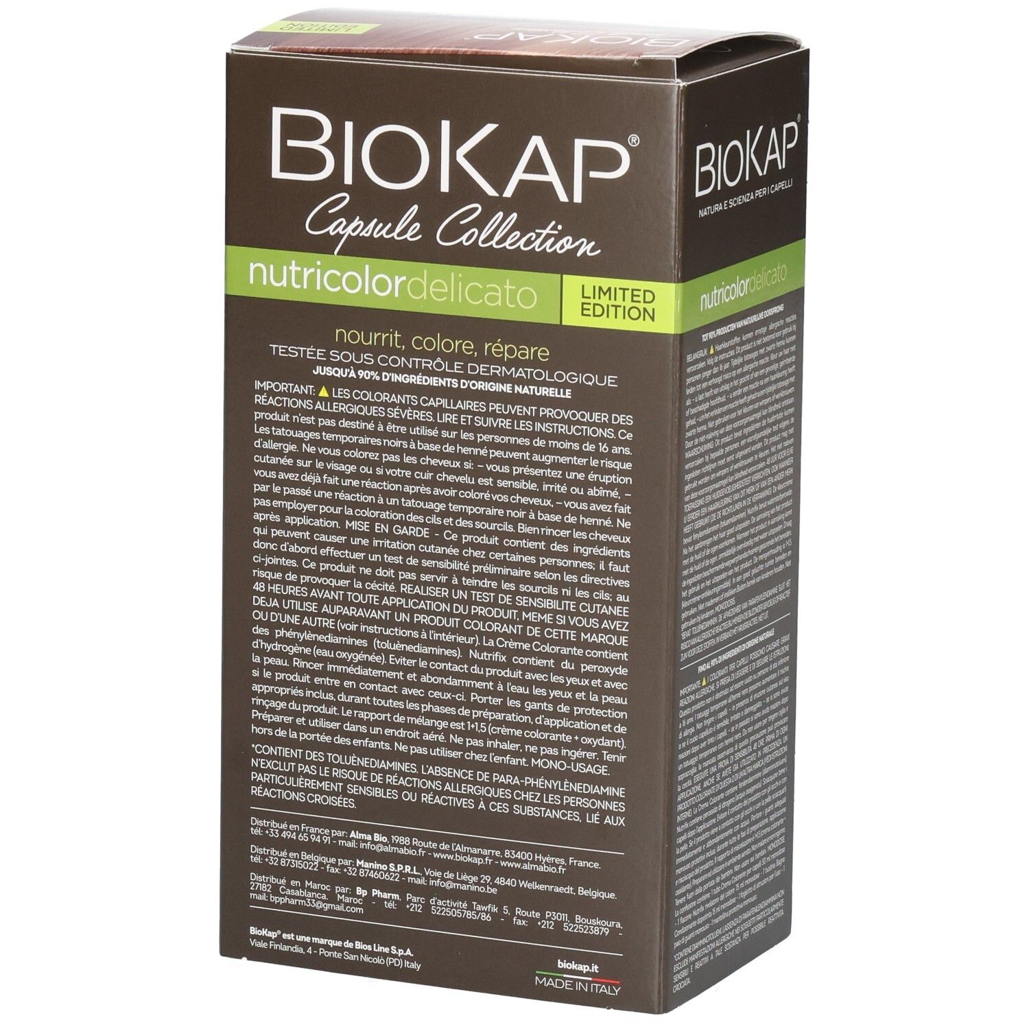Biokap Nutricolor Delicato Teinture 8.32 Blond Clair Caramel. Arrière de la boîte avec instructions d'utilisation.