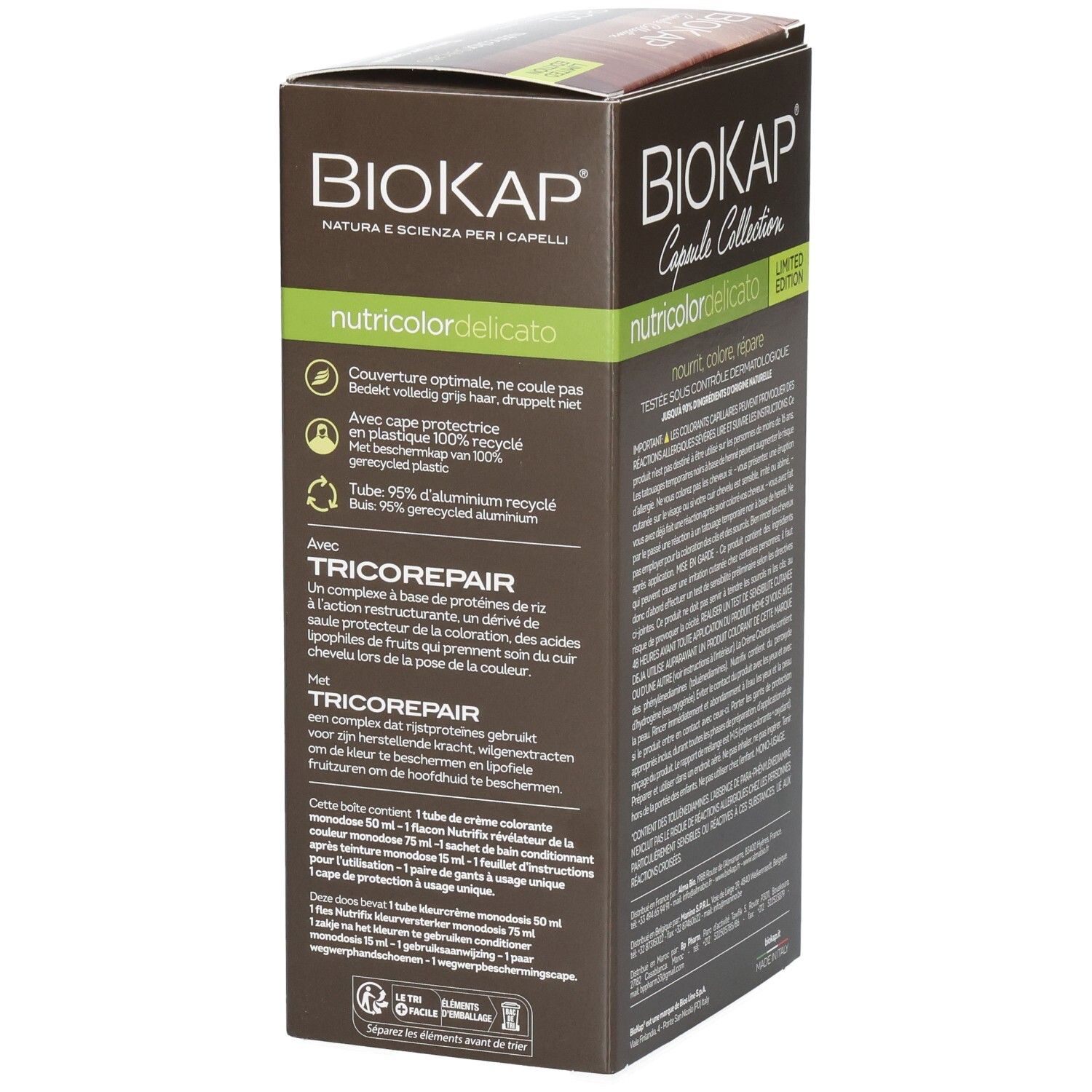 Biokap Nutricolor Delicato Teinture 8.32 Blond Clair Caramel. Vue latérale de la boîte avec ingrédients et logos.