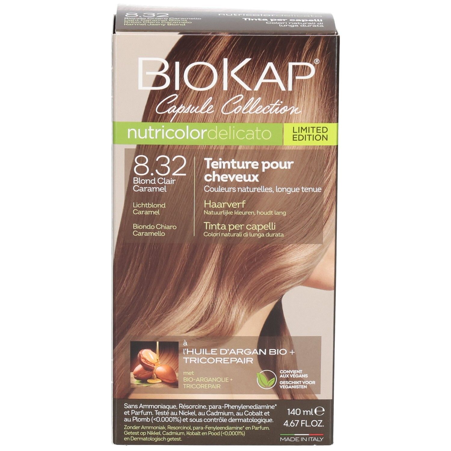 Biokap Nutricolor Delicato Teinture 8.32 Blond Clair Caramel. Façade de la boîte avec teinte et image produit.