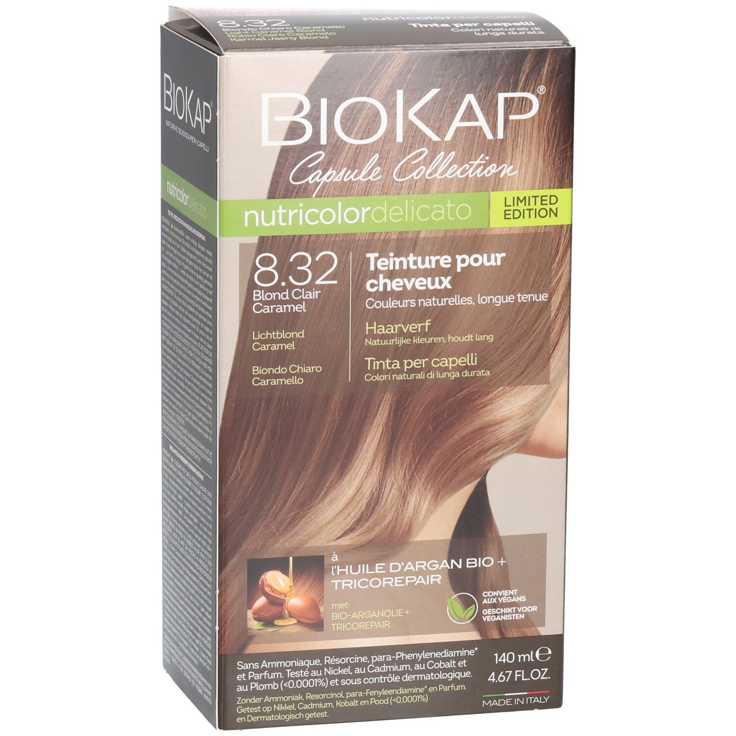 Biokap Nutricolor Delicato Teinture 8.32 Blond Clair Caramel. Boîte montrant la teinte et les cheveux.