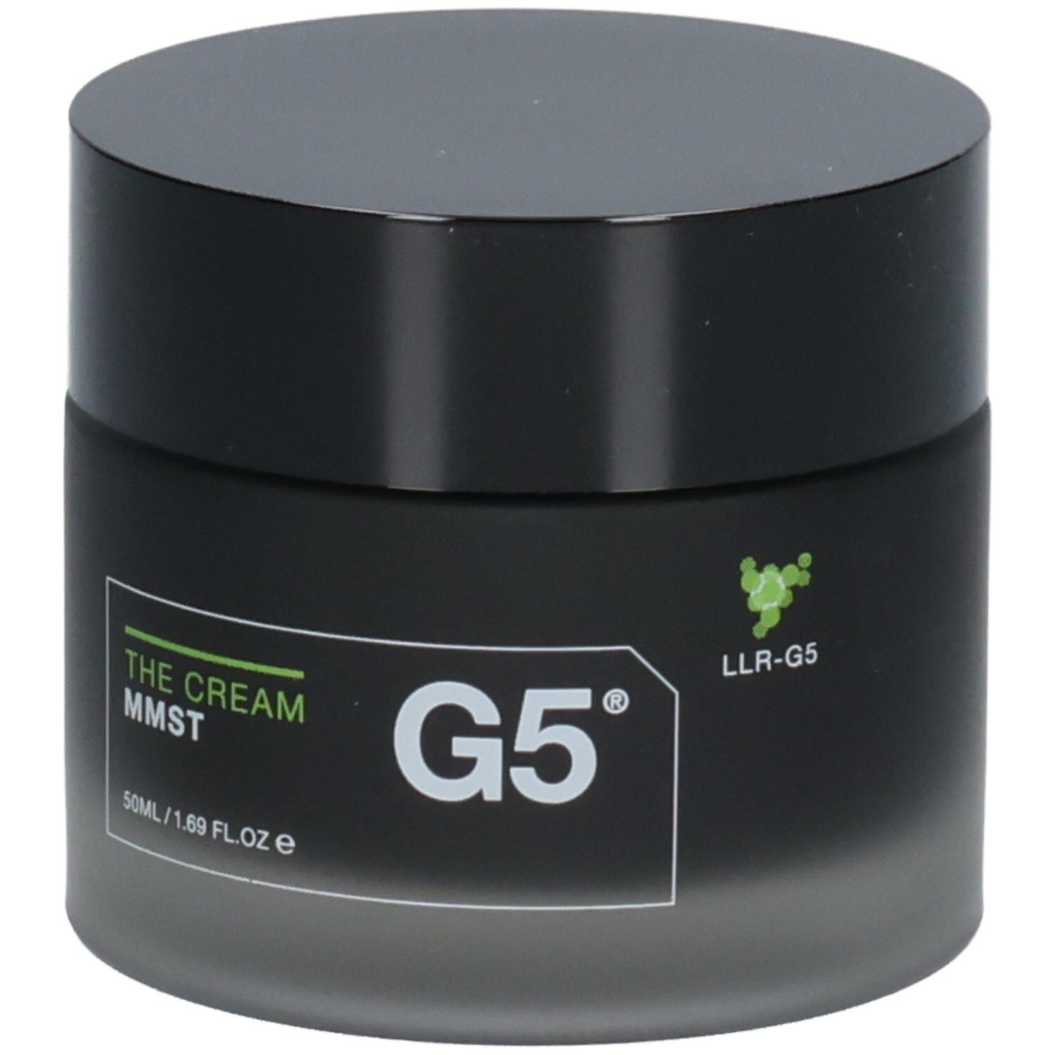 Pot noir avec couvercle noir. Inscription G5 et THE CREAM MMST. Logo LLR-G5.