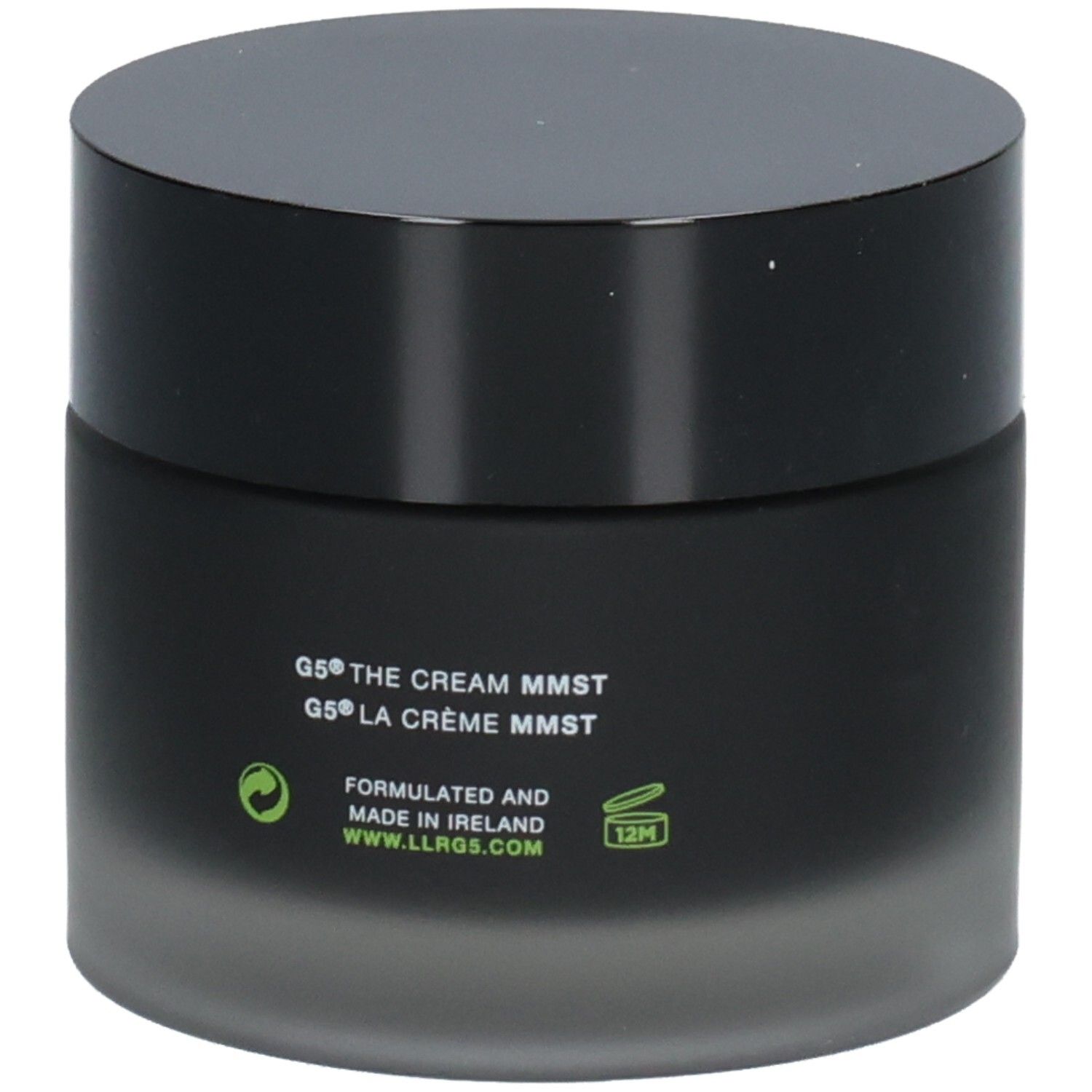 Pot noir avec couvercle noir. Inscription G5 THE CREAM MMST. Logo et site web.