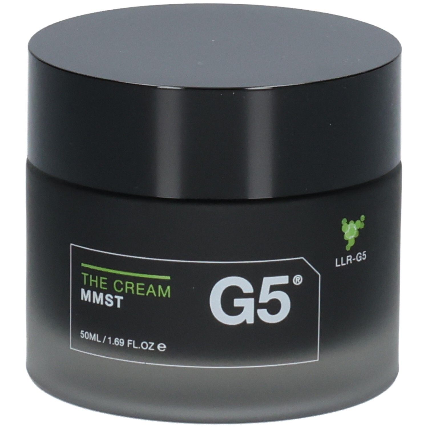 Pot noir avec couvercle noir. Inscription G5 et THE CREAM MMST. Logo LLR-G5.