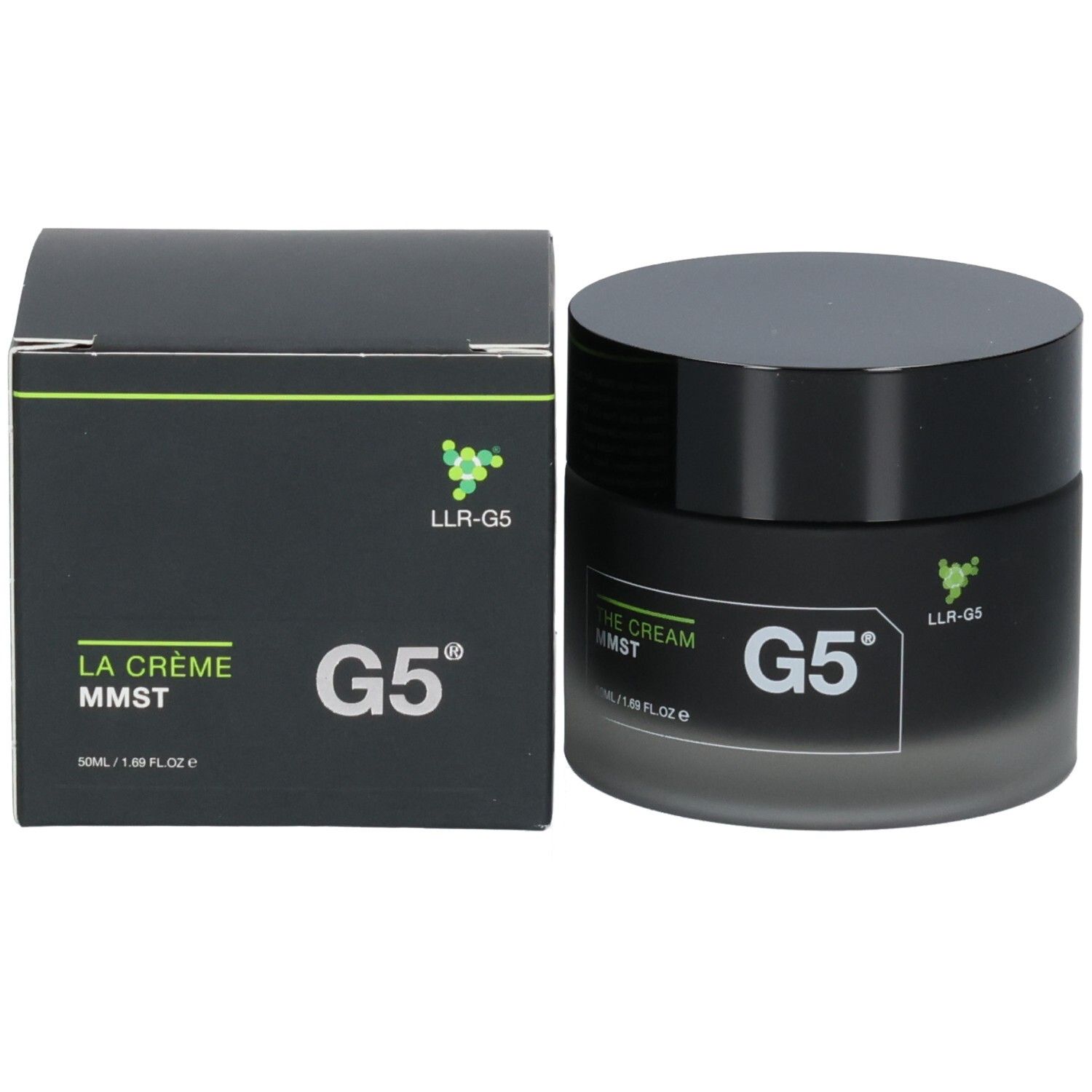 Pot noir et boîte. Inscription LA CRÈME MMST et G5. Logo LLR-G5.