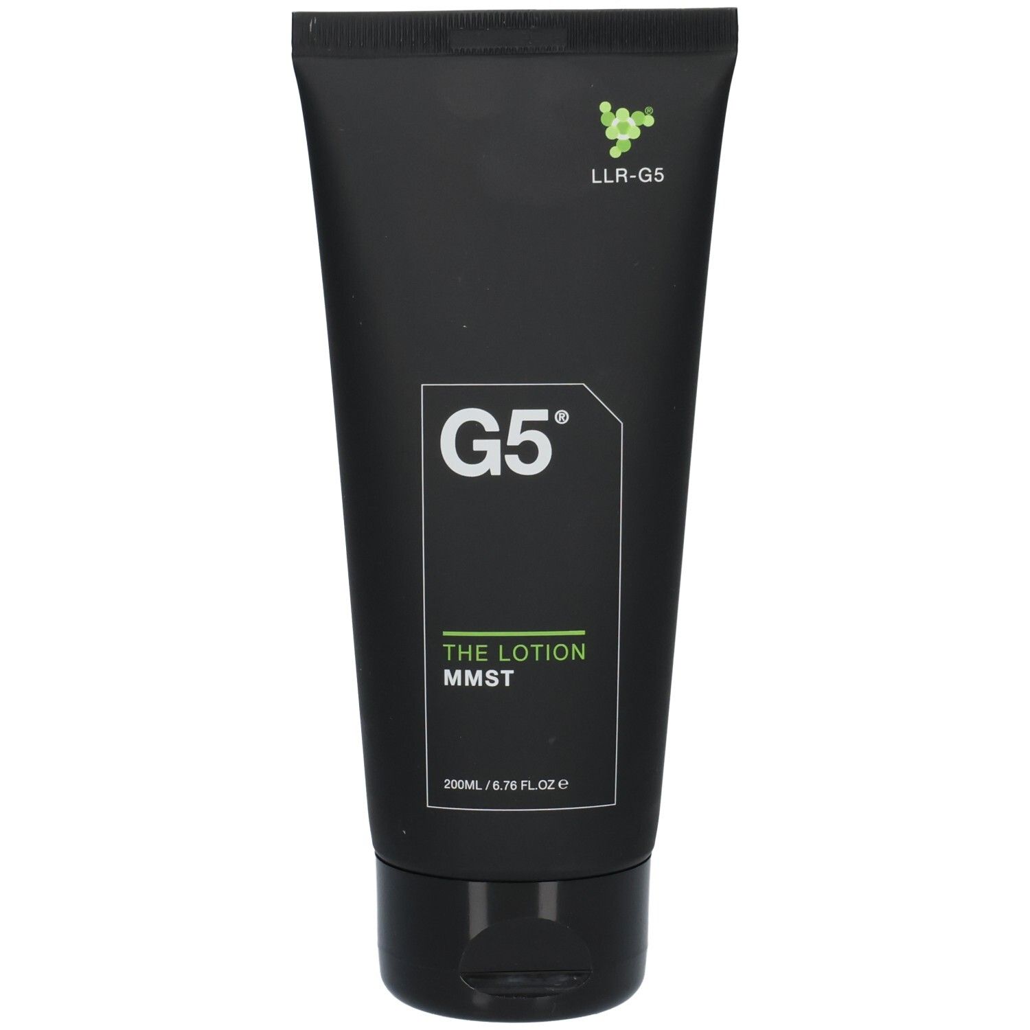 Tube noire avec logo G5 et texte. Contient "THE LOTION MMST".