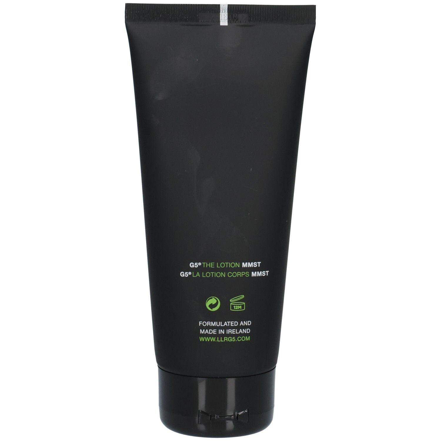 Dos du tube noir. Texte: G5 THE LOTION MMST, G5 LA LOTION CORPS MMST. Fabriqué en Irlande.