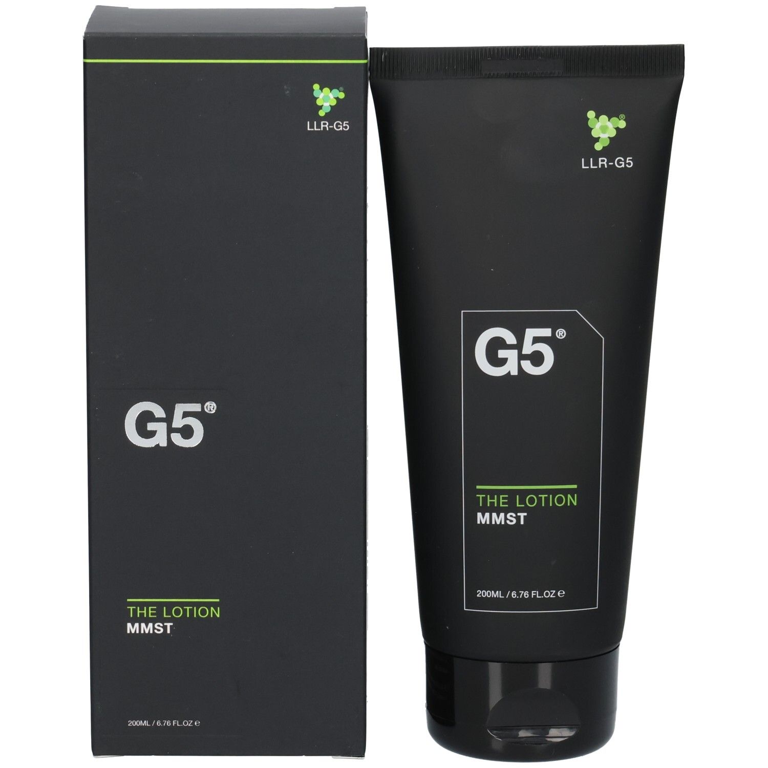 Tube et boîte noirs. Sur le tube: G5, THE LOTION MMST. Sur la boîte: G5, THE LOTION MMST.