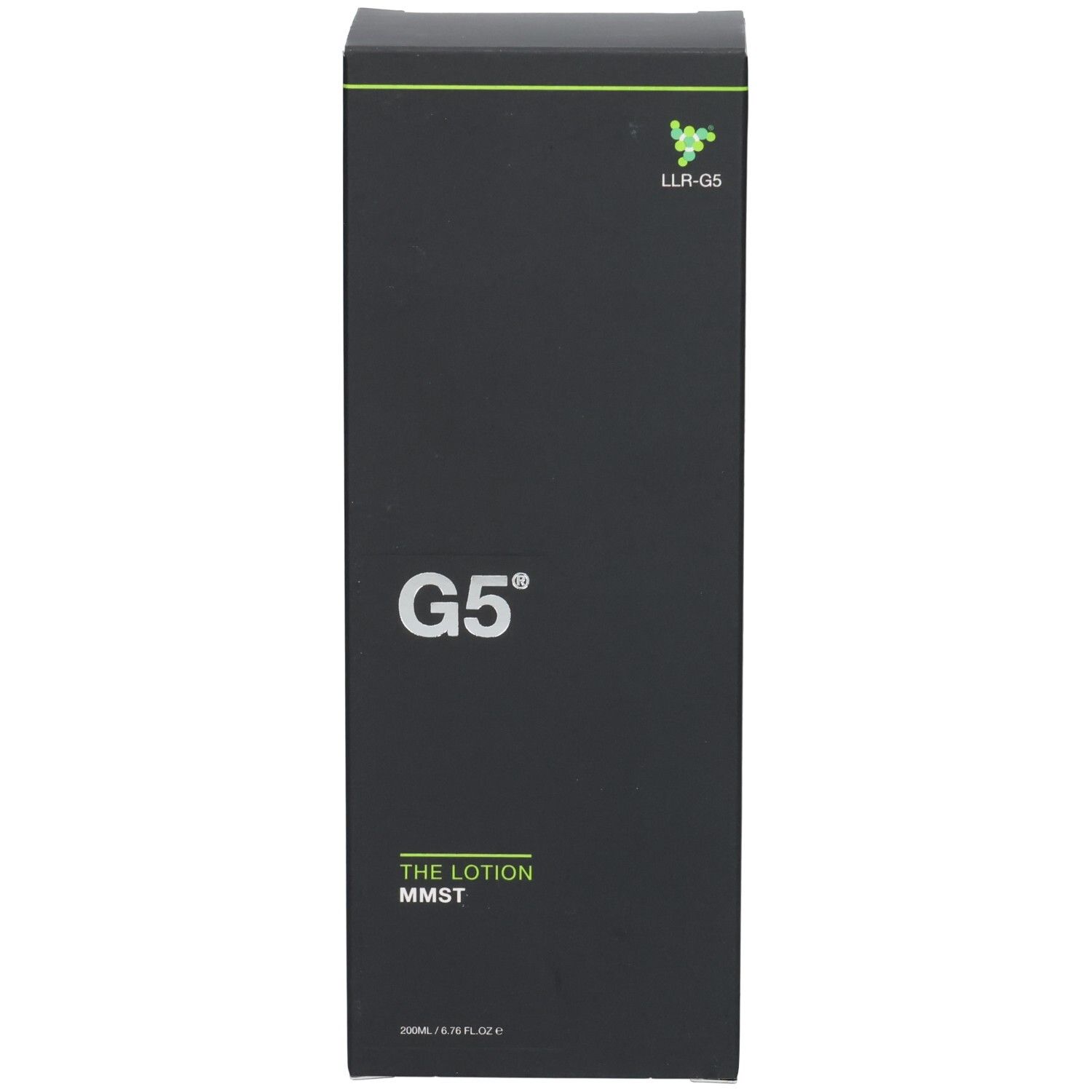 Boîte noire avec logo G5 et texte: THE LOTION MMST.