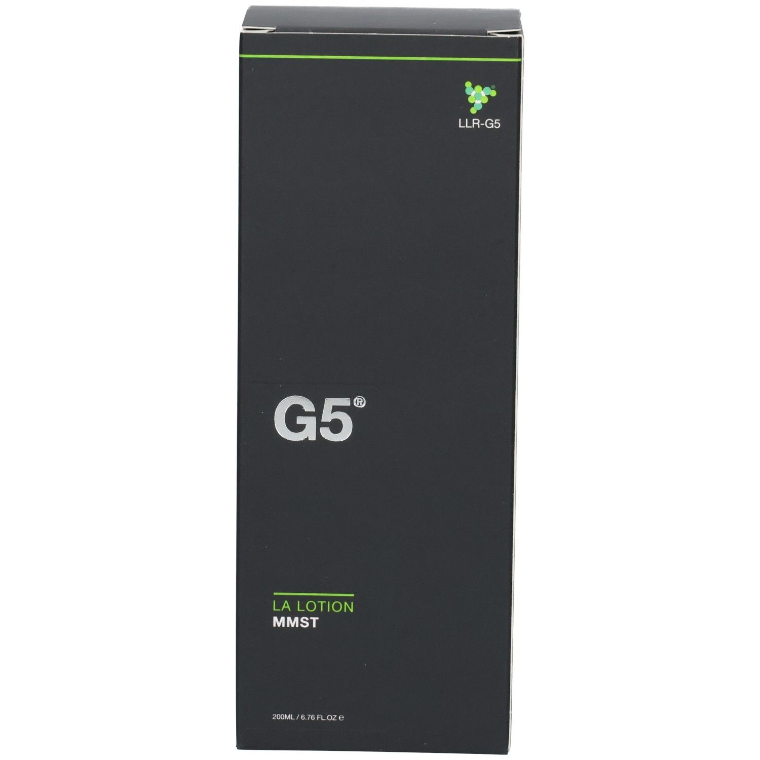 Boîte noire avec logo G5 et texte: LA LOTION MMST.
