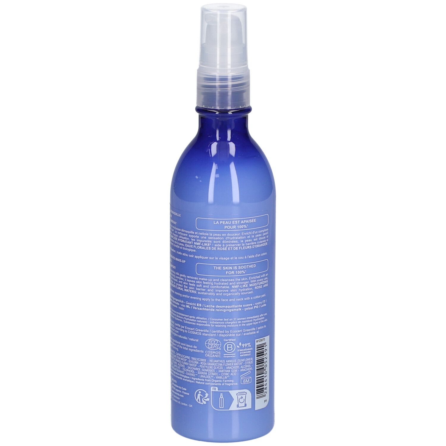 Flacon bleu transparent avec vaporisateur. Texte au dos. Label BIO et autres symboles.