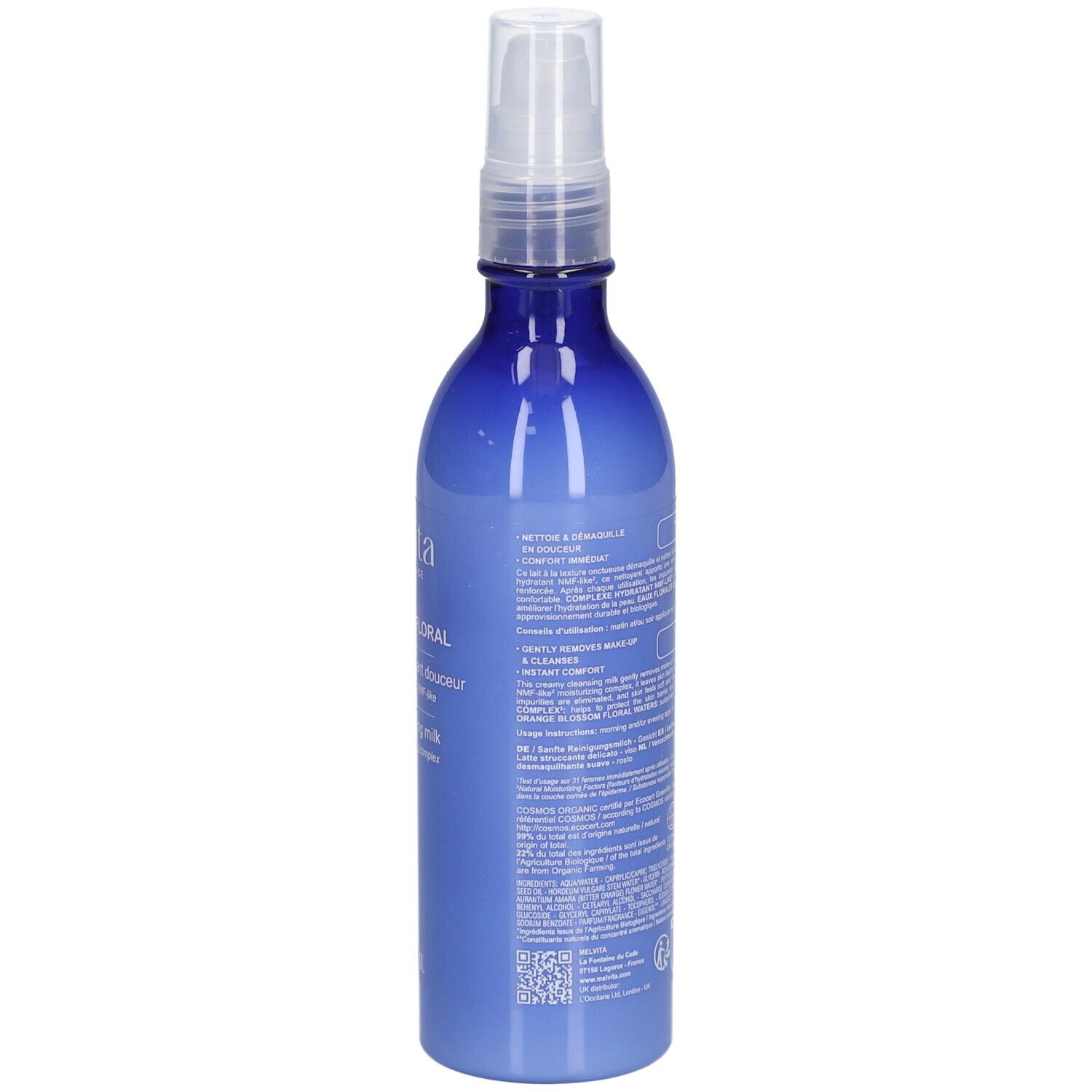 Flacon bleu transparent avec vaporisateur. Texte au dos. Label BIO et autres symboles.