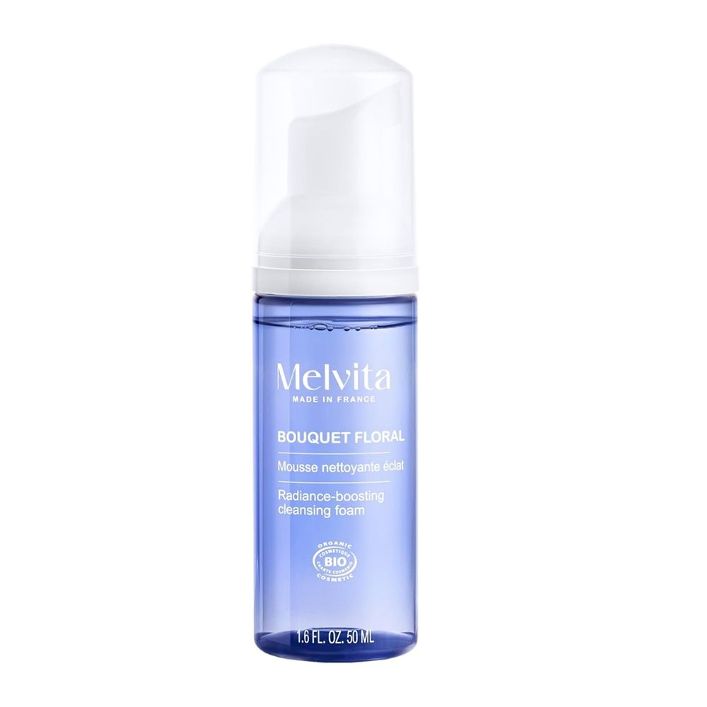 Mousse nettoyante Melvita avec pompe, flacon bleu, 50ml.