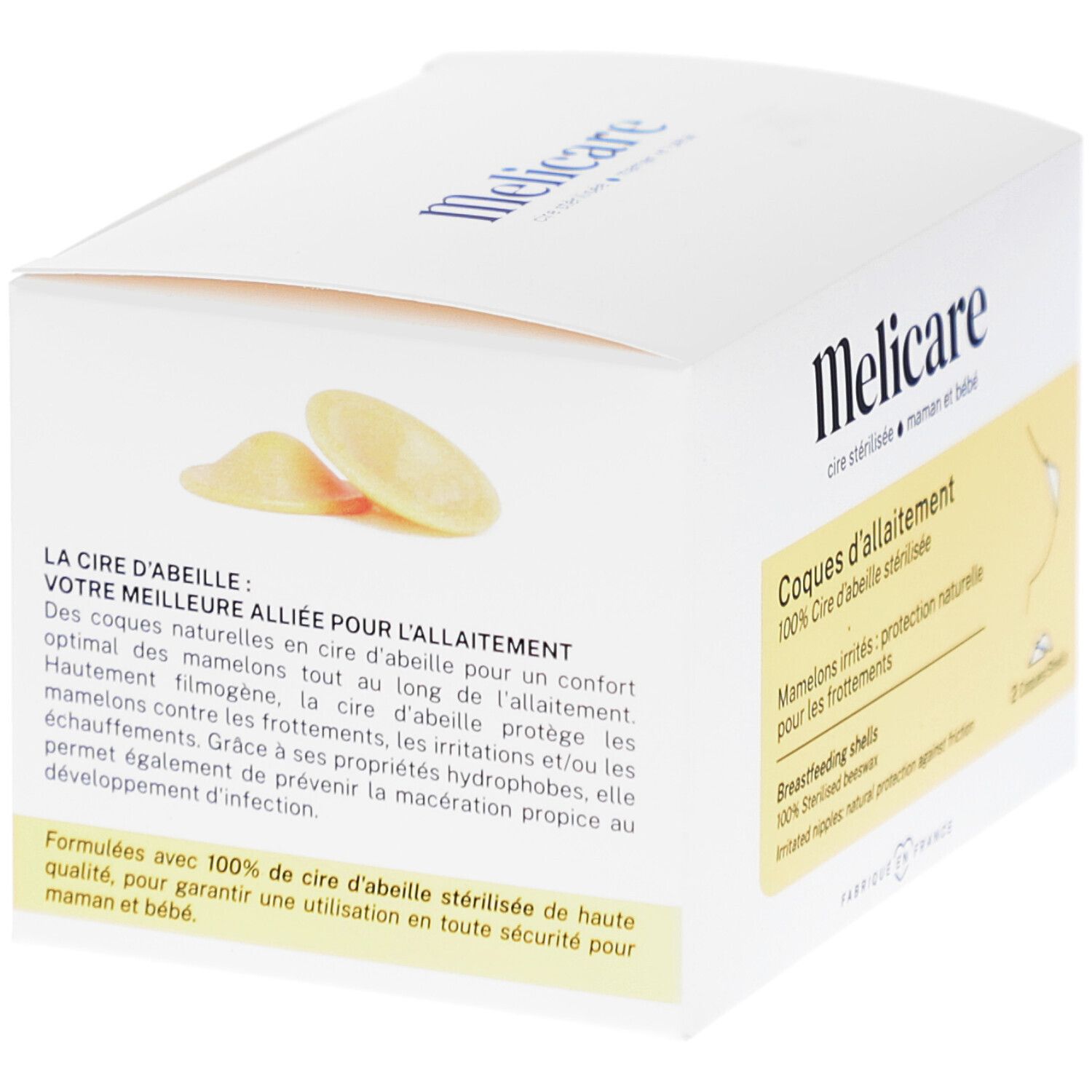 Boîte blanche Melicare. Deux coquilles mammaires jaunâtres. Texte: Coques d'allaitement. Fabriqué en France.