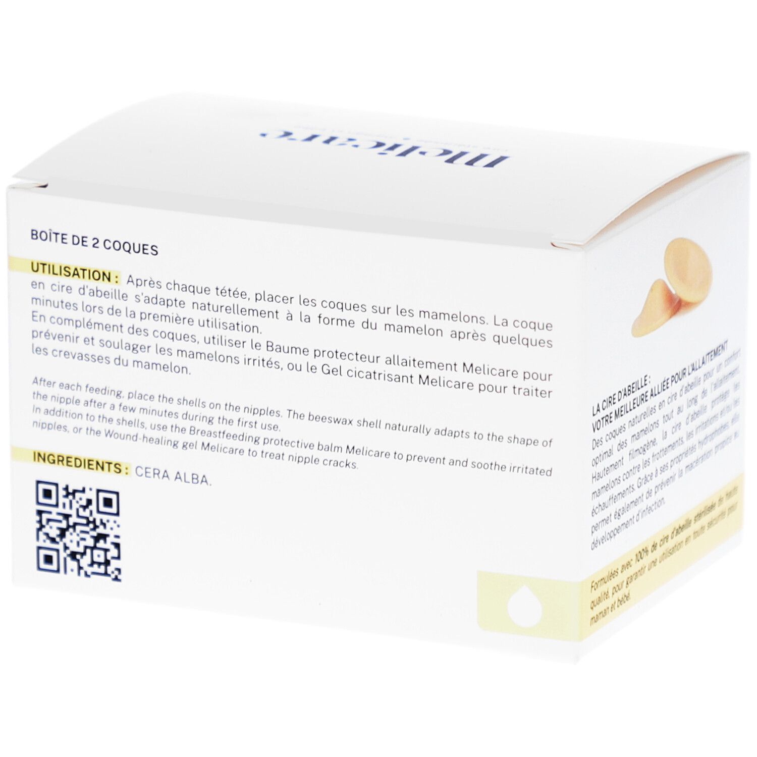 Dos de la boîte blanche. Texte: BOÎTE DE 2 COQUES, Ingrédients: CERA ALBA. Code QR.