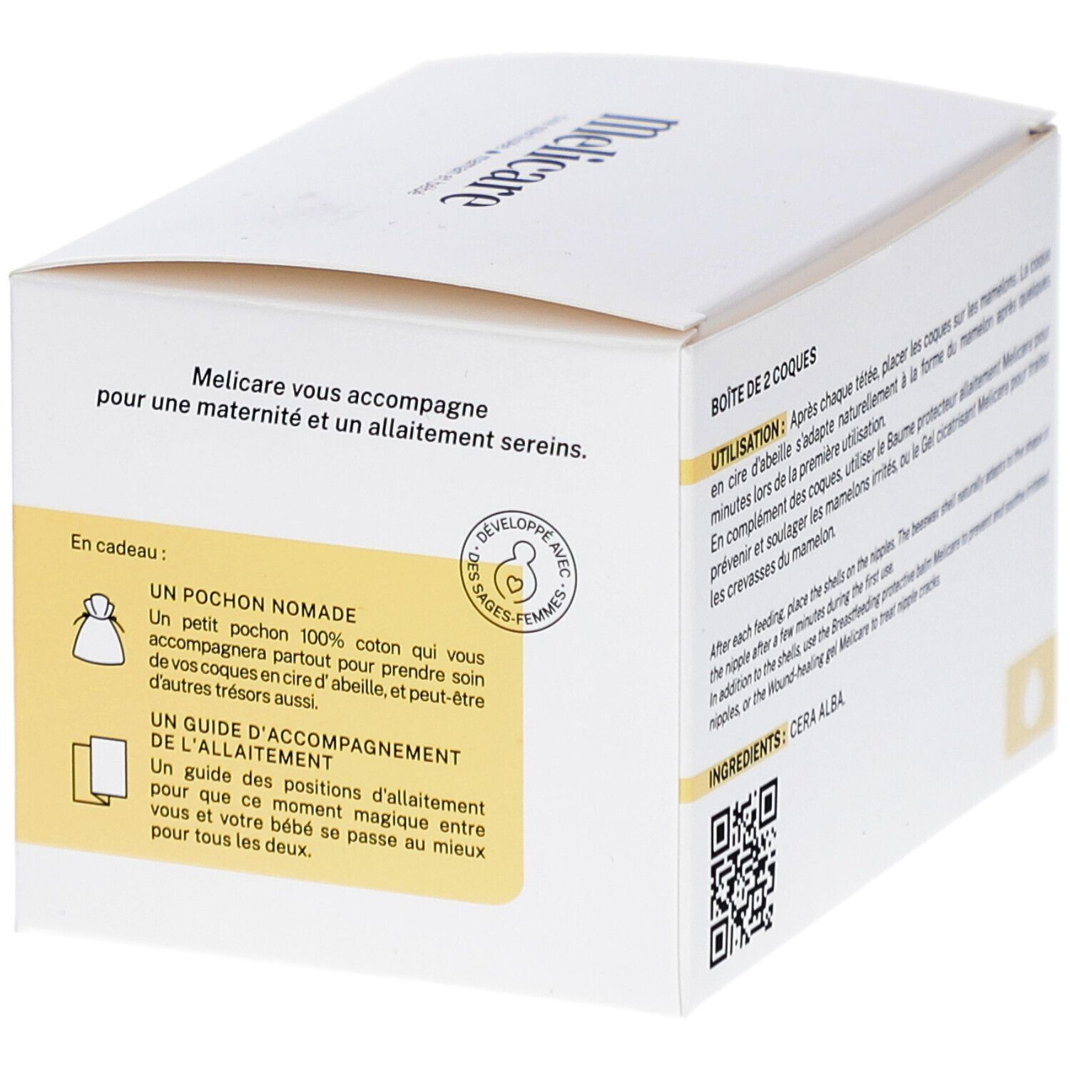 Dos de la boîte blanche. Texte: Melicare vous accompagne. Cadeau: pochette coton, guide allaitement.
