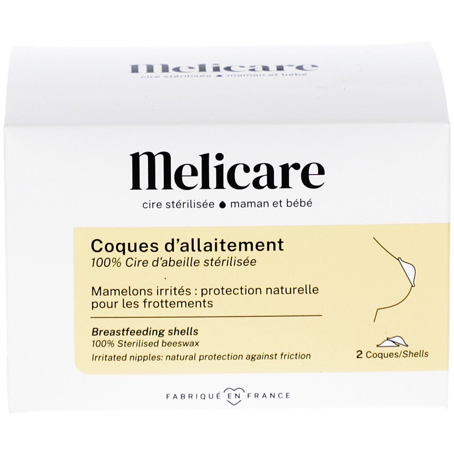 Boîte blanche Melicare. Texte: Coques d'allaitement, 2 coquilles. Illustration d'un sein. Fabriqué en France.