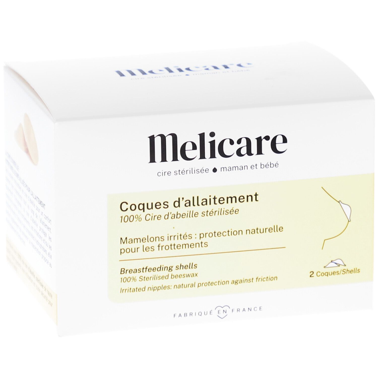 Boîte blanche Melicare. Texte: Coques d'allaitement, 2 coquilles. Illustration d'un sein. Fabriqué en France.