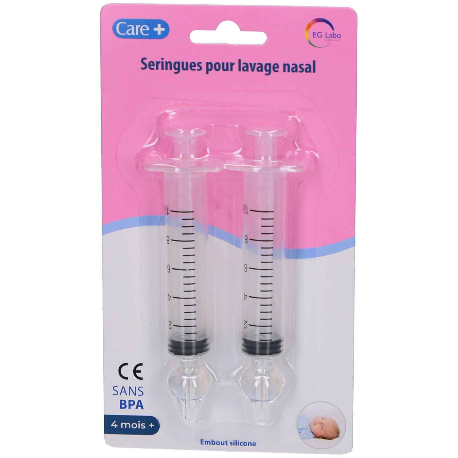Deux seringues transparentes avec graduation et embouts en silicone, emballage blister. Fond rose, nom du produit et marquage CE.