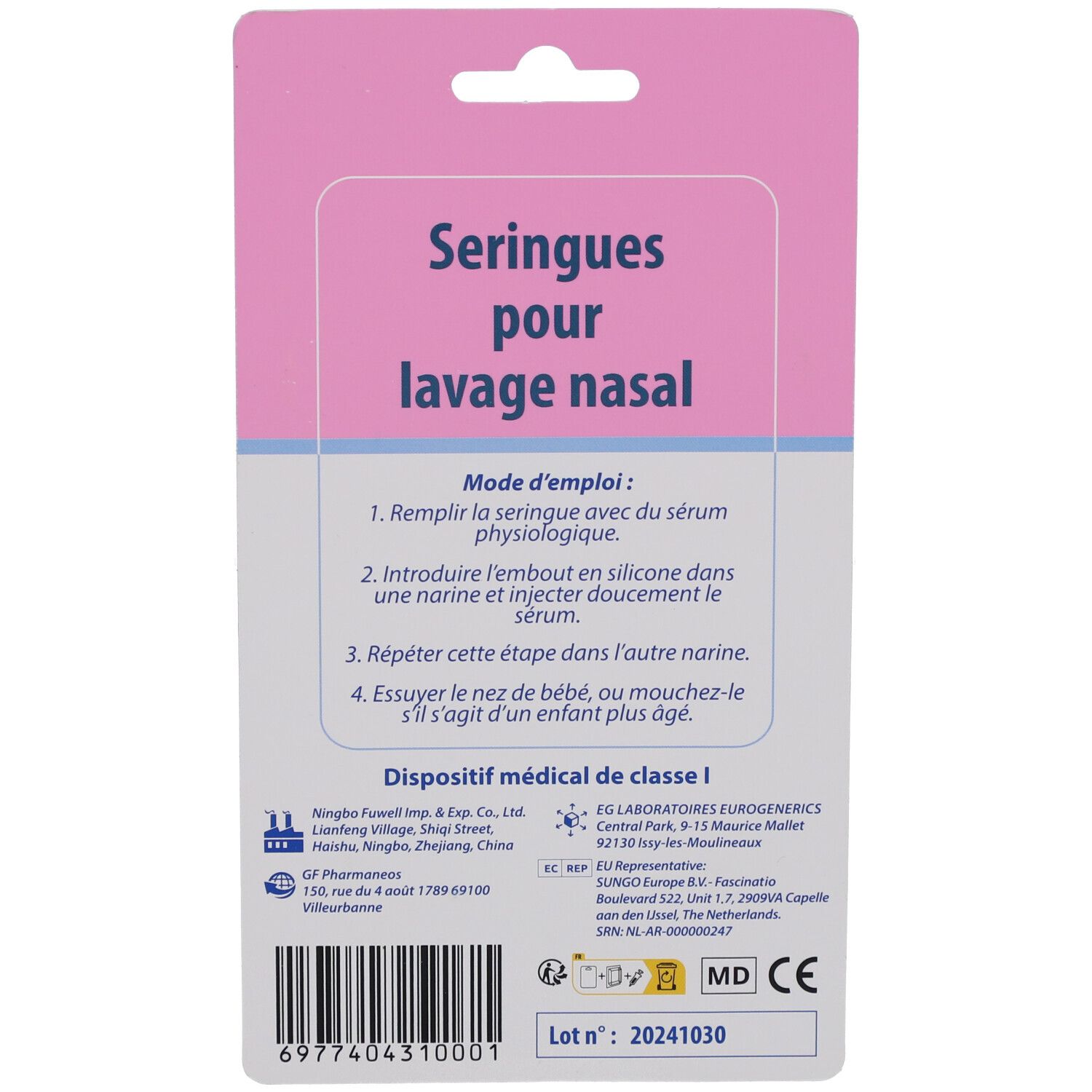 Dos de l'emballage avec nom du produit et mode d'emploi. Dispositif médical de classe I. Marquage CE.